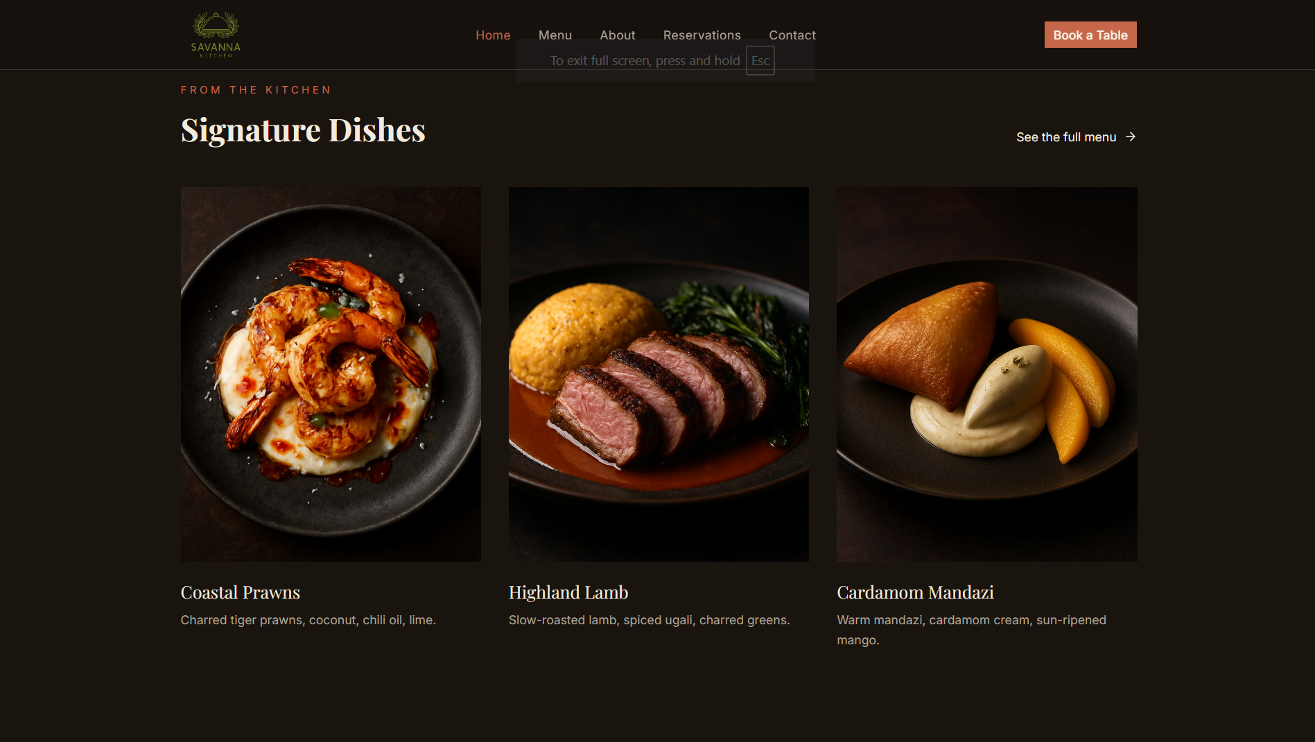 Savanna Kitchen restaurant website
